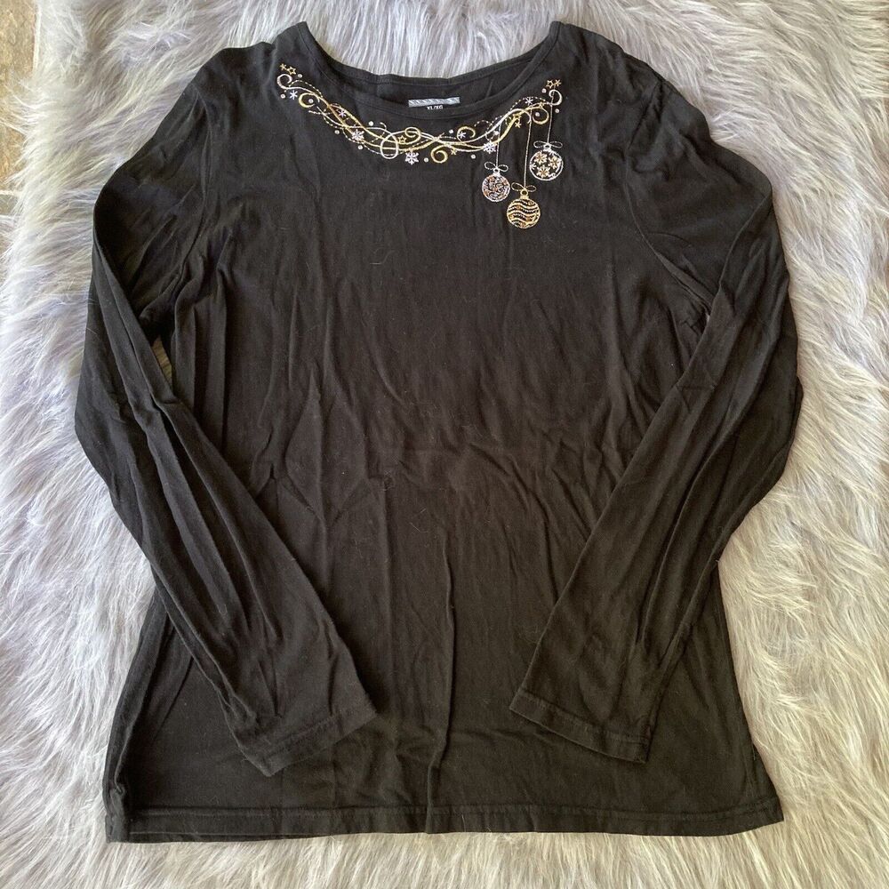 Xmas Sz XL T Shirt Embroidered Ornament Christmas Long Sleeve Black Gold Festive
